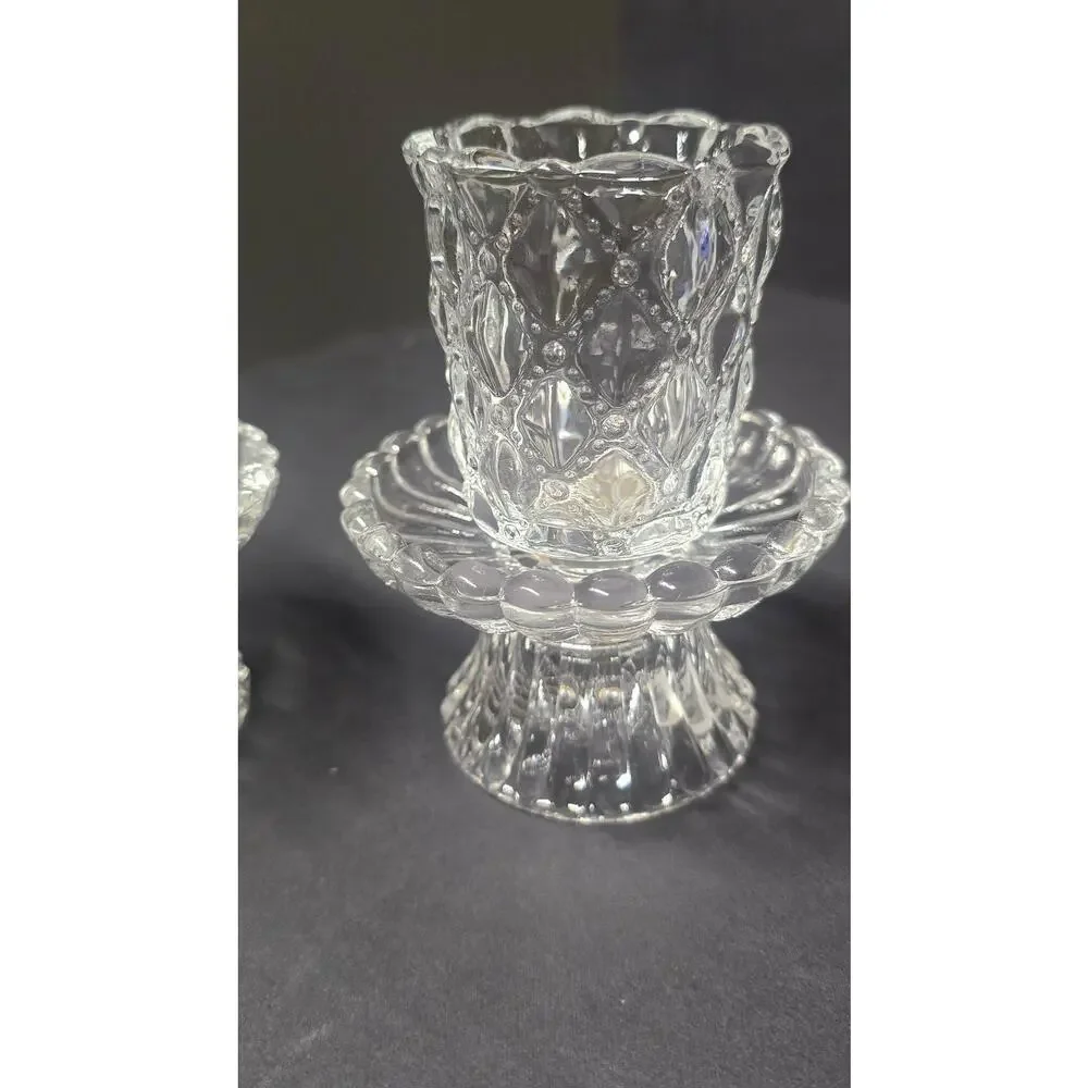 PartyLite Clear Glass Quilted Tealight Votive Candle Holders Pair Small Pedestal